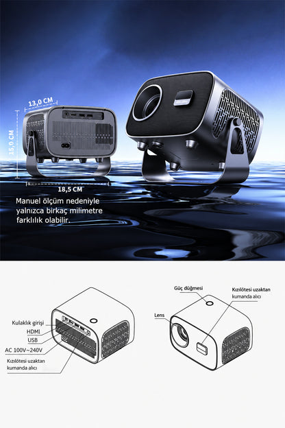 Ven-Dens VD-PJT003 Android 14 Akıllı Projeksiyon Cihazı, 4K Destekli 720P HD Mini Projektör, 160 ANSI Lümen, iOS ve Android Ekran Yansıtma, Bluetooth 5.3, HDMI, Çift USB, 360° Döner Stand, 5W Hoparlör - Koyu Gri