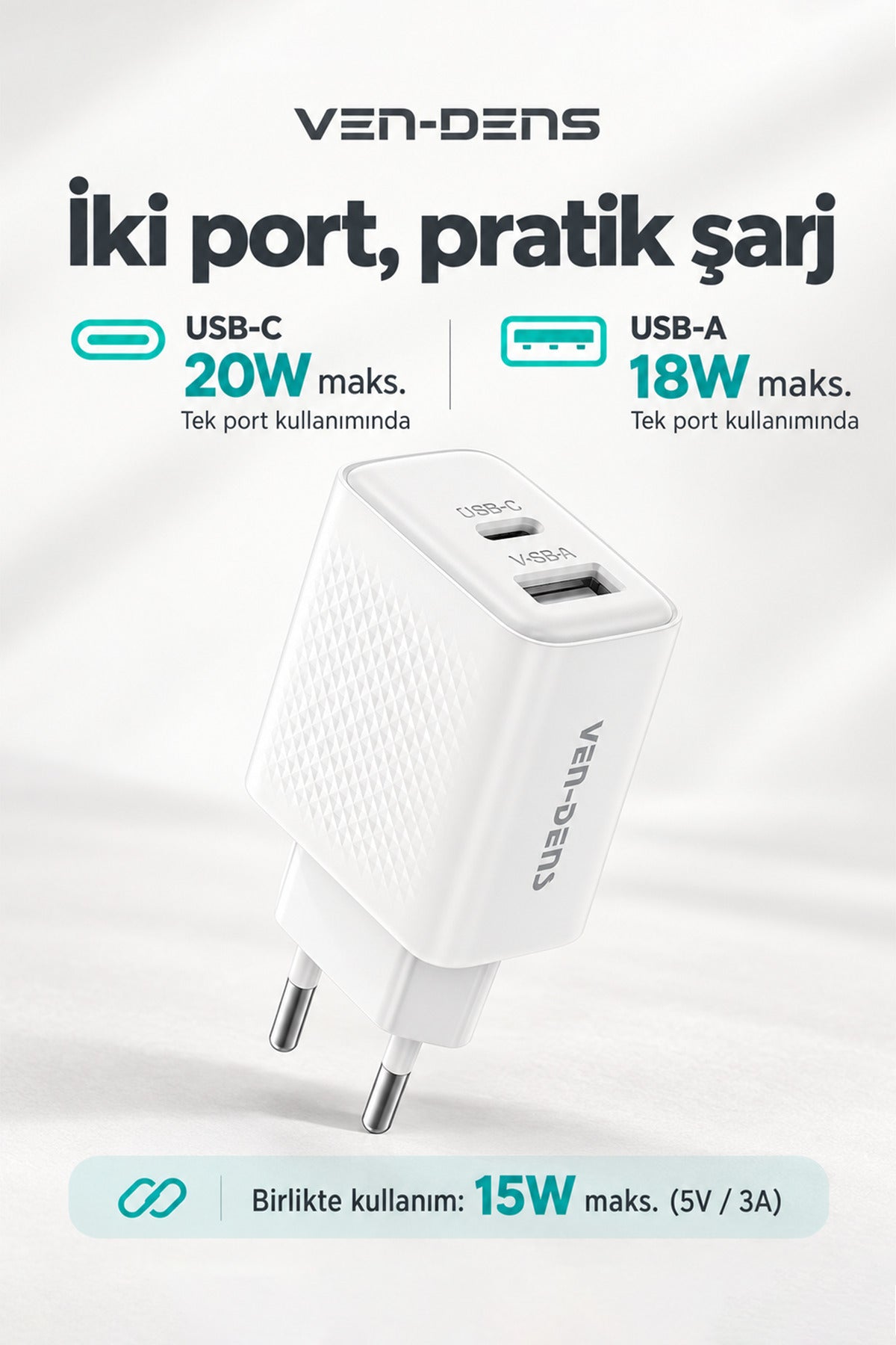 Ven-Dens VD-TC019BAC01 20 W Type-C ve 18 W USB-A Hızlı Şarj Adaptörü, 1 Metre 60 W PD Type-C, Beyaz - Beyaz