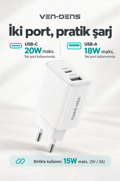 Ven-Dens VD-TC019BAC01 20 W Type-C ve 18 W USB-A Hızlı Şarj Adaptörü, 1 Metre 60 W PD Type-C, Beyaz - Beyaz