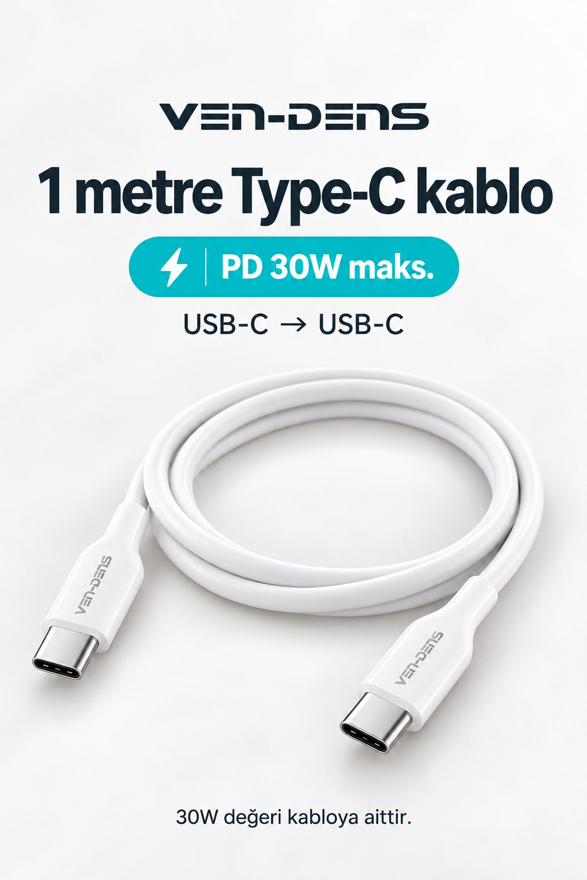 Ven-Dens VD-TC019BAC01 20 W Type-C ve 18 W USB-A Hızlı Şarj Adaptörü, 1 Metre 60 W PD Type-C, Beyaz - Beyaz