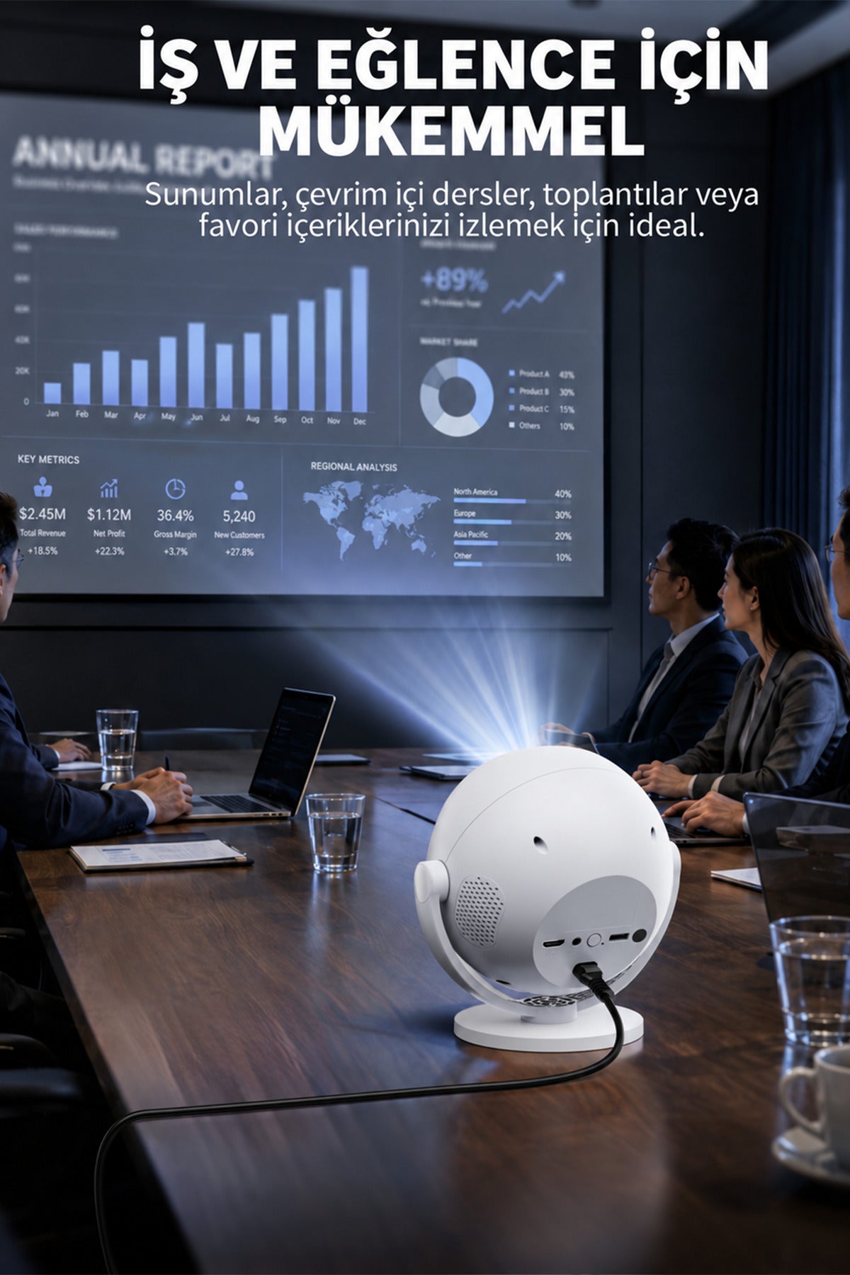 Ven-Dens VD-PJT002 Android 14 Taşınabilir LED Projeksiyon Cihazı, HD 720p, 150 ANSI Lümen, Beyaz - Beyaz