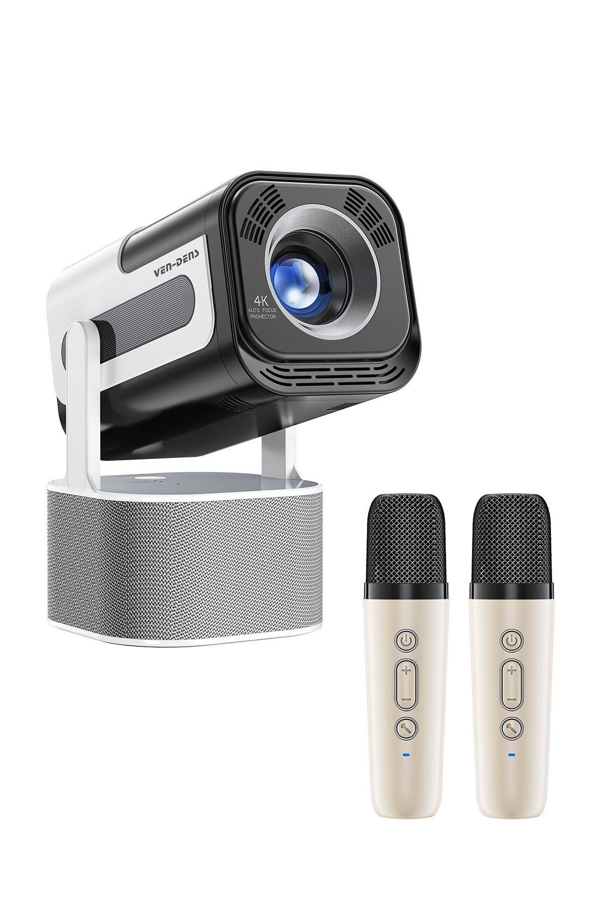 Ven-Dens VD-PJT004 Android 14 Akıllı Projeksiyon Cihazı, 4K Destekli 720P HD, 180 ANSI, 180° Döner Stand, Karaoke, 2 Kablosuz Mikrofon, Dahili Hoparlör, WiFi 5G, Bluetooth 5.0, HDMI, USB, Mini Projektör - Siyah