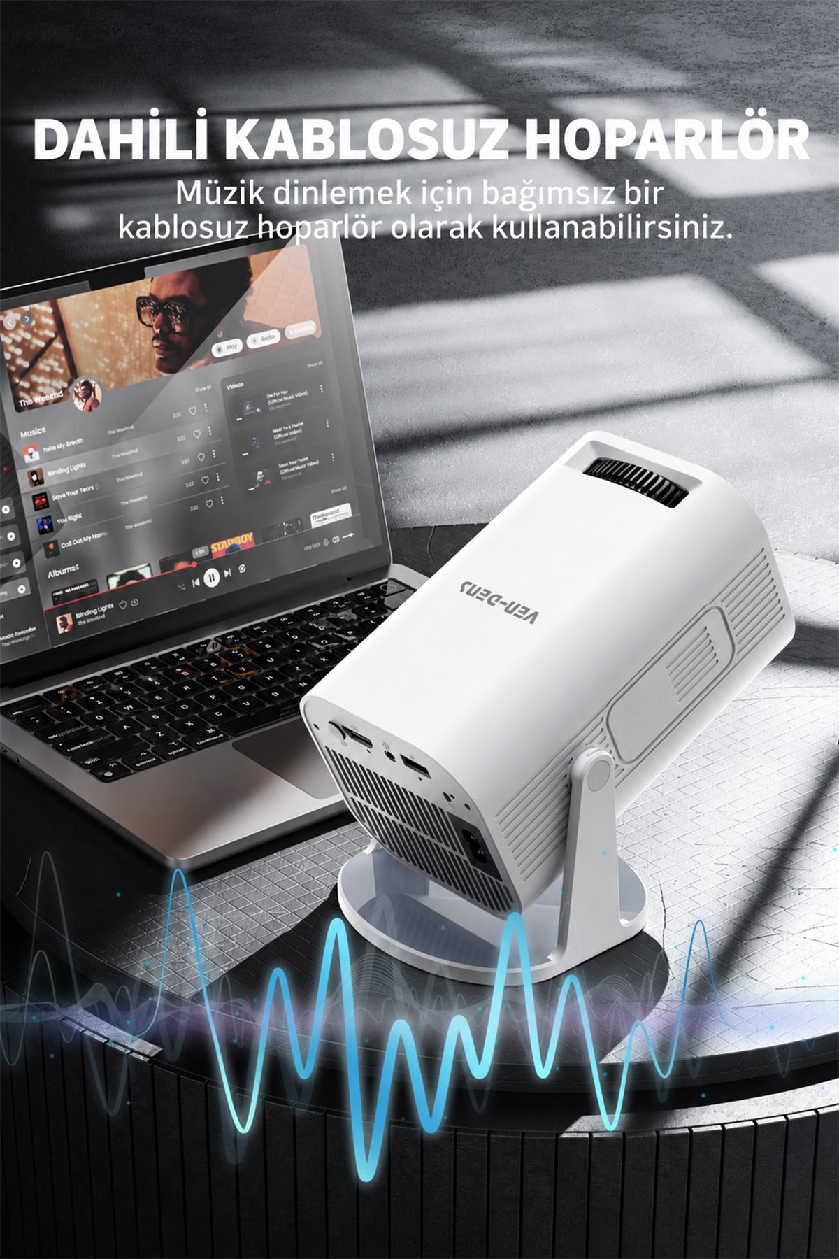 Ven-Dens VD-PJT001 Android 14 Taşınabilir LED Projeksiyon Cihazı, HD 720p, 150 ANSI Lümen, Beyaz - Beyaz