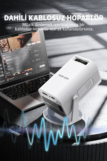 Ven-Dens VD-PJT001 Android 14 Taşınabilir LED Projeksiyon Cihazı, HD 720p, 150 ANSI Lümen, Beyaz - Beyaz