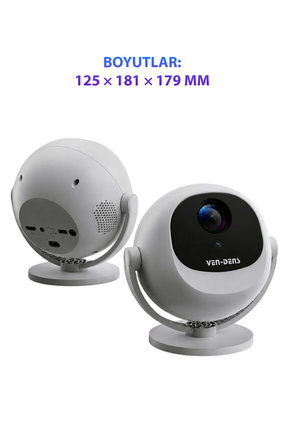 Ven-Dens VD-PJT002 Android 14 Taşınabilir LED Projeksiyon Cihazı, HD 720p, 150 ANSI Lümen, Beyaz - Beyaz