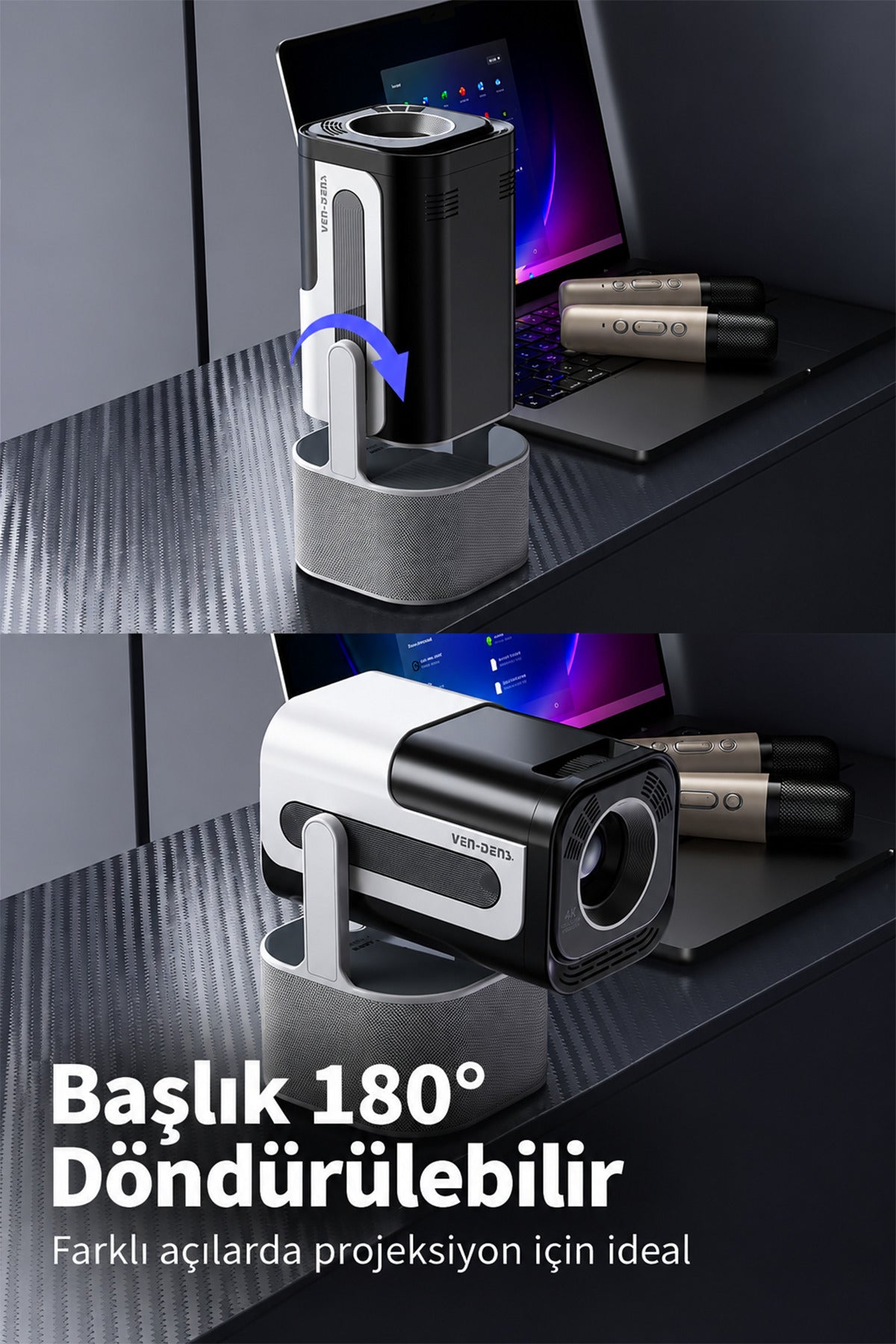 Ven-Dens VD-PJT004 Android 14 Akıllı Projeksiyon Cihazı, 4K Destekli 720P HD, 180 ANSI, 180° Döner Stand, Karaoke, 2 Kablosuz Mikrofon, Dahili Hoparlör, WiFi 5G, Bluetooth 5.0, HDMI, USB, Mini Projektör - Siyah