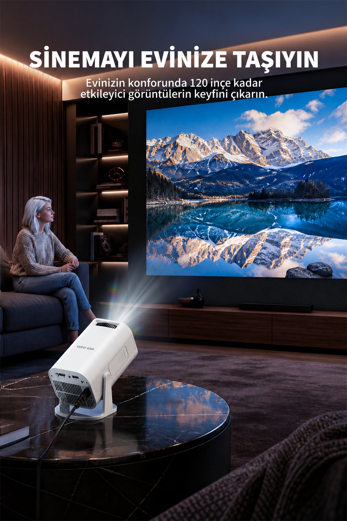 Ven-Dens VD-PJT001 Android 14 Taşınabilir LED Projeksiyon Cihazı, HD 720p, 150 ANSI Lümen, Beyaz - Beyaz