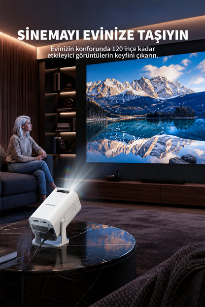 Ven-Dens VD-PJT001 Android 14 Taşınabilir LED Projeksiyon Cihazı, HD 720p, 150 ANSI Lümen, Beyaz - Beyaz