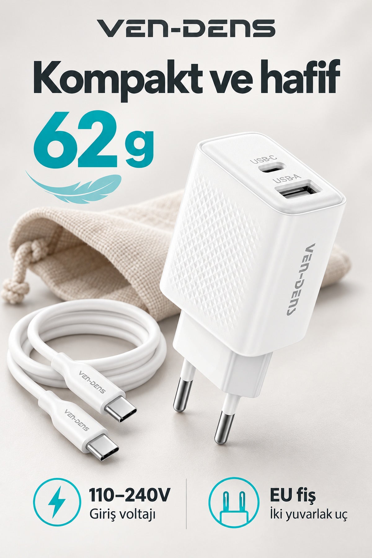 Ven-Dens VD-TC019BAC01 20 W Type-C ve 18 W USB-A Hızlı Şarj Adaptörü, 1 Metre 60 W PD Type-C, Beyaz - Beyaz