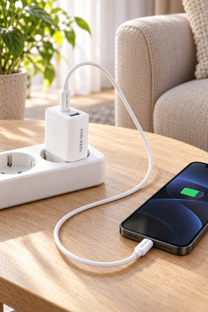 Ven-Dens VD-TC019BAC01 20 W Type-C ve 18 W USB-A Hızlı Şarj Adaptörü, 1 Metre 60 W PD Type-C, Beyaz - Beyaz
