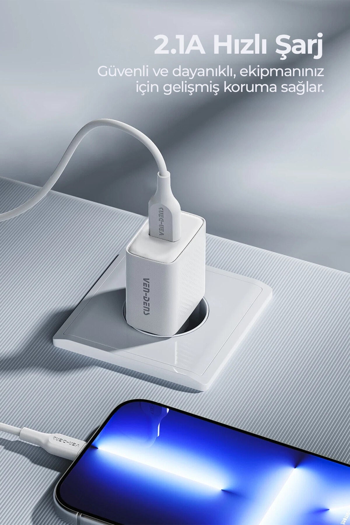 Ven-Dens VD-TC019BAC02 20 W Type-C ve 18 W USB-A Hızlı Şarj Adaptörü, 1 Metre PD 30 W Kablo, Beyaz - Beyaz