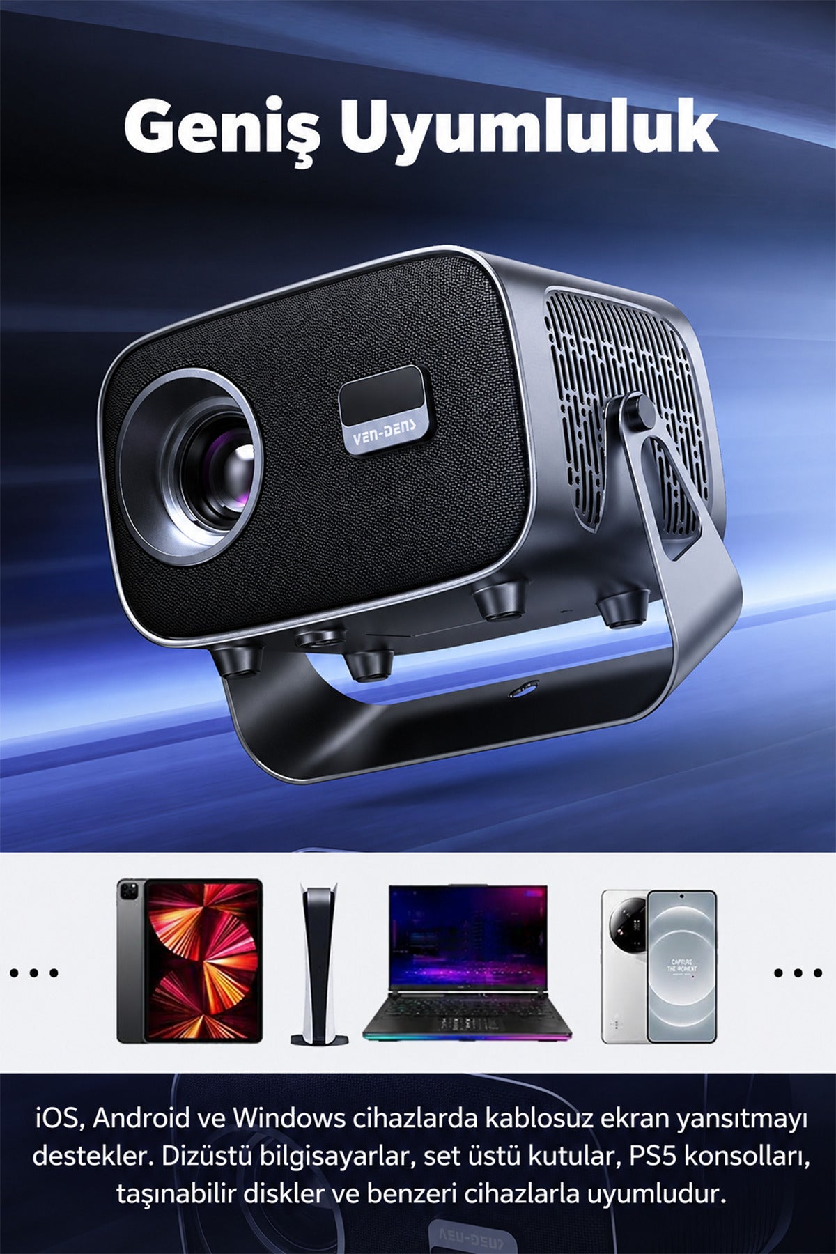 Ven-Dens VD-PJT003 Android 14 Akıllı Projeksiyon Cihazı, 4K Destekli 720P HD Mini Projektör, 160 ANSI Lümen, iOS ve Android Ekran Yansıtma, Bluetooth 5.3, HDMI, Çift USB, 360° Döner Stand, 5W Hoparlör - Koyu Gri