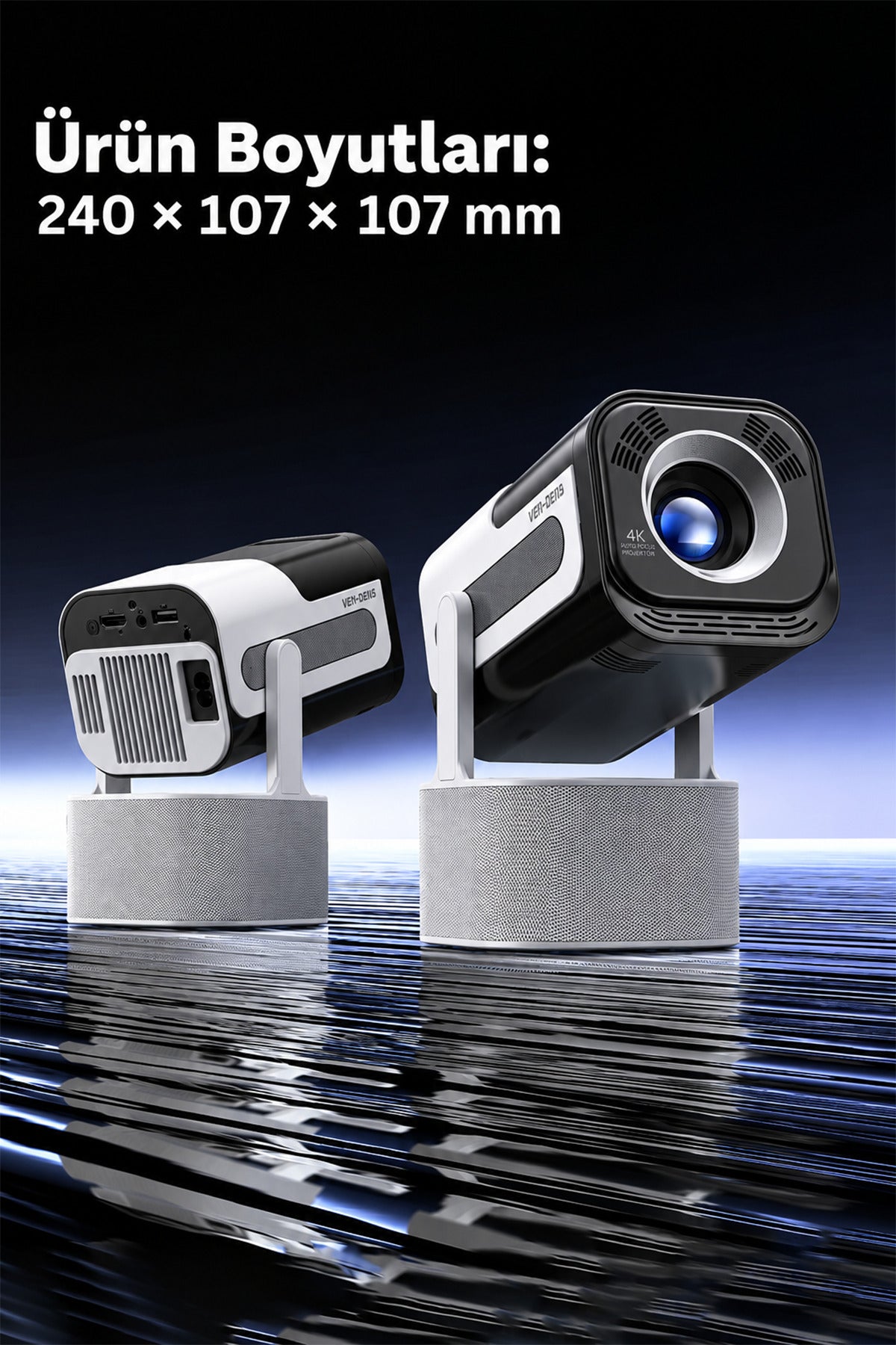 Ven-Dens VD-PJT004 Android 14 Akıllı Projeksiyon Cihazı, 4K Destekli 720P HD, 180 ANSI, 180° Döner Stand, Karaoke, 2 Kablosuz Mikrofon, Dahili Hoparlör, WiFi 5G, Bluetooth 5.0, HDMI, USB, Mini Projektör - Siyah
