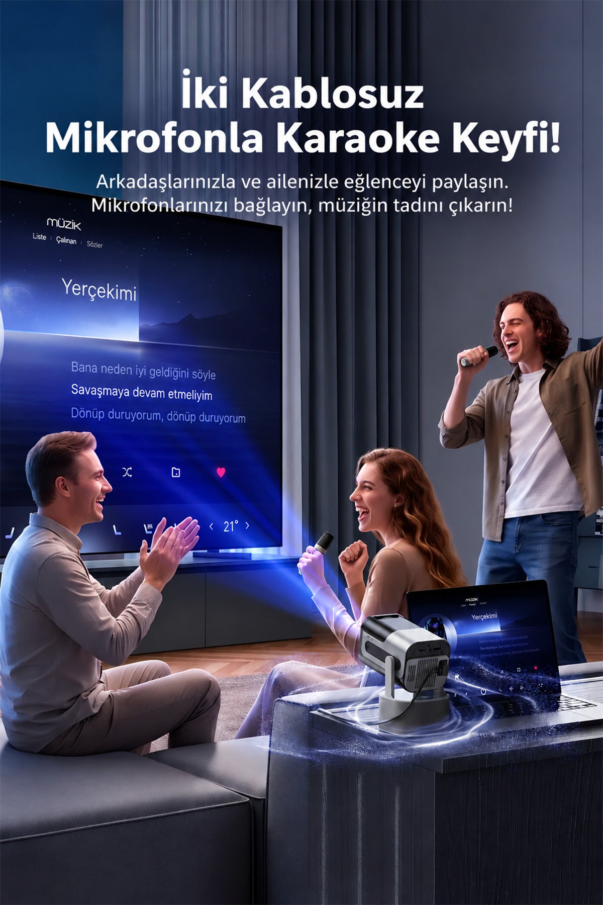 Ven-Dens VD-PJT004 Android 14 Akıllı Projeksiyon Cihazı, 4K Destekli 720P HD, 180 ANSI, 180° Döner Stand, Karaoke, 2 Kablosuz Mikrofon, Dahili Hoparlör, WiFi 5G, Bluetooth 5.0, HDMI, USB, Mini Projektör - Siyah