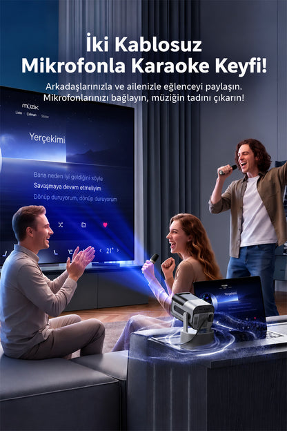 Ven-Dens VD-PJT004 Android 14 Akıllı Projeksiyon Cihazı, 4K Destekli 720P HD, 180 ANSI, 180° Döner Stand, Karaoke, 2 Kablosuz Mikrofon, Dahili Hoparlör, WiFi 5G, Bluetooth 5.0, HDMI, USB, Mini Projektör - Siyah