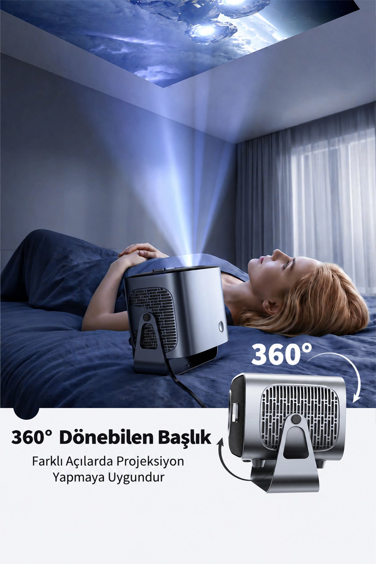 Ven-Dens VD-PJT003 Android 14 Akıllı Projeksiyon Cihazı, 4K Destekli 720P HD Mini Projektör, 160 ANSI Lümen, iOS ve Android Ekran Yansıtma, Bluetooth 5.3, HDMI, Çift USB, 360° Döner Stand, 5W Hoparlör - Koyu Gri