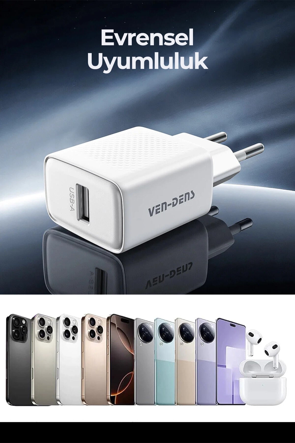 Ven-Dens VD-TC019BAC02 20 W Type-C ve 18 W USB-A Hızlı Şarj Adaptörü, 1 Metre PD 30 W Kablo, Beyaz - Beyaz