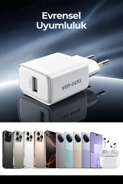 Ven-Dens VD-TC019BAC02 20 W Type-C ve 18 W USB-A Hızlı Şarj Adaptörü, 1 Metre PD 30 W Kablo, Beyaz - Beyaz