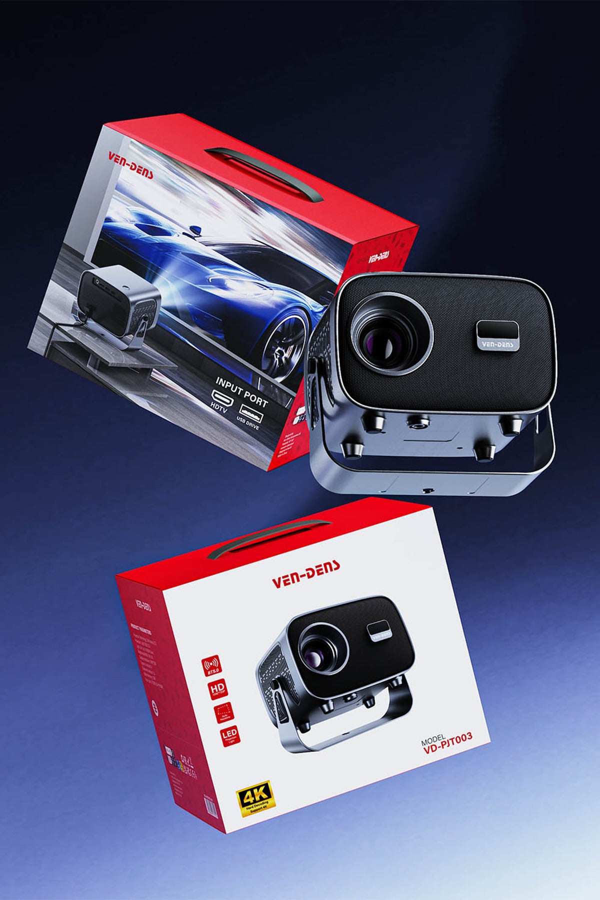Ven-Dens VD-PJT003 Android 14 Akıllı Projeksiyon Cihazı, 4K Destekli 720P HD Mini Projektör, 160 ANSI Lümen, iOS ve Android Ekran Yansıtma, Bluetooth 5.3, HDMI, Çift USB, 360° Döner Stand, 5W Hoparlör - Koyu Gri