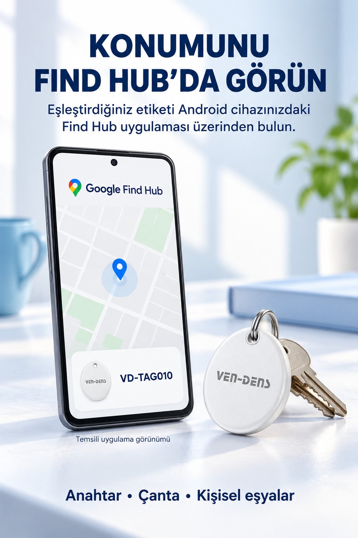 Ven-Dens VD-TAG010 Bluetooth Eşya Takip Cihazı, Google Find Hub ve Android Uyumlu - Beyaz