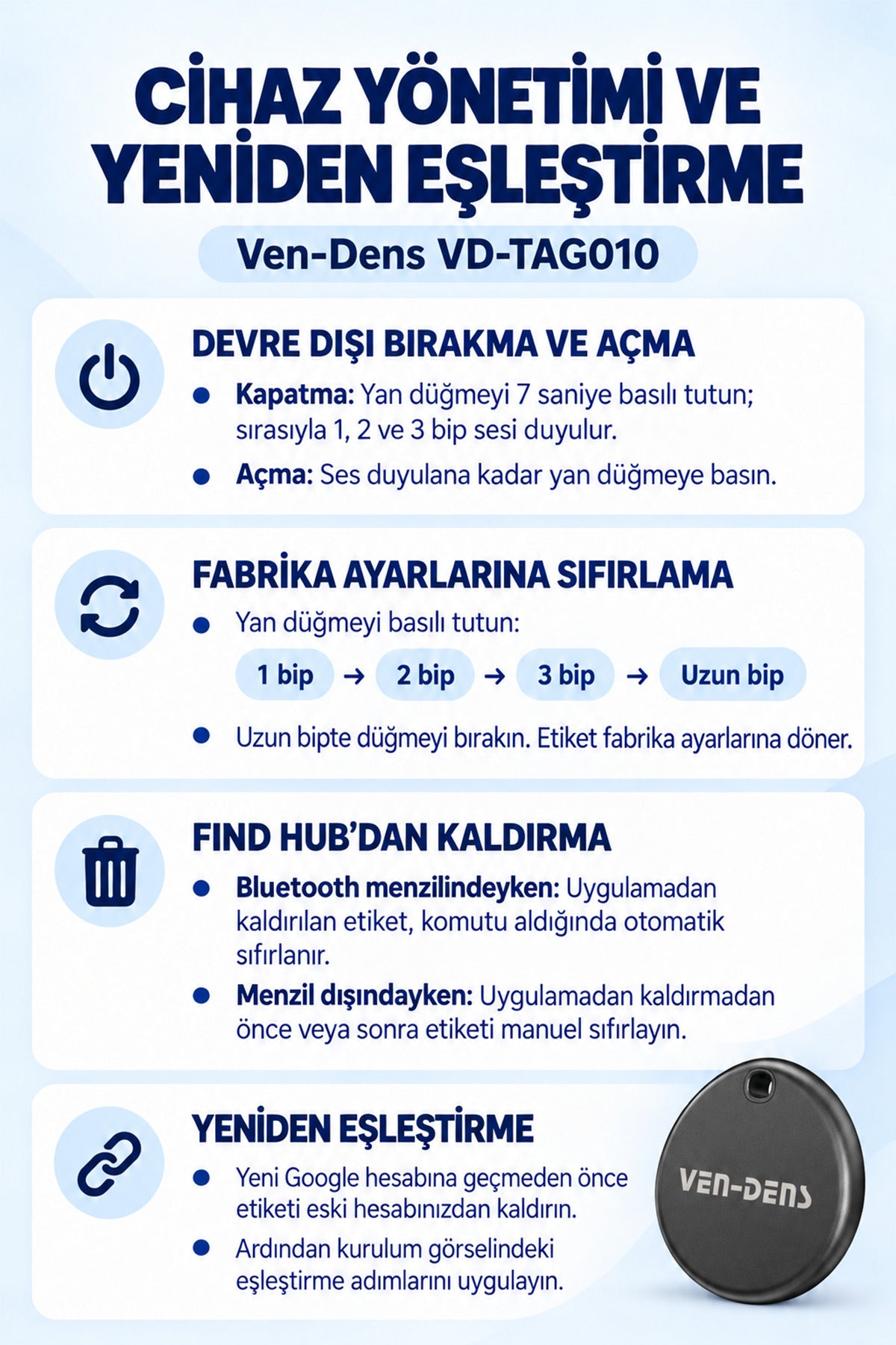 Ven-Dens VD-TAG010 Bluetooth Eşya Takip Cihazı, Google Find Hub ve Android Uyumlu - Siyah