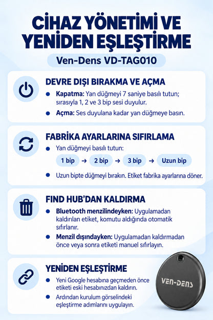 Ven-Dens VD-TAG010 Bluetooth Eşya Takip Cihazı, Google Find Hub ve Android Uyumlu - Siyah