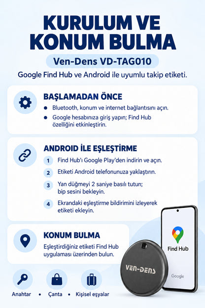 Ven-Dens VD-TAG010 Bluetooth Eşya Takip Cihazı, Google Find Hub ve Android Uyumlu - Siyah