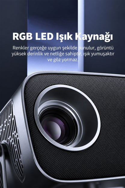 Ven-Dens VD-PJT003 Android 14 Akıllı Projeksiyon Cihazı, 4K Destekli 720P HD Mini Projektör, 160 ANSI Lümen, iOS ve Android Ekran Yansıtma, Bluetooth 5.3, HDMI, Çift USB, 360° Döner Stand, 5W Hoparlör - Koyu Gri