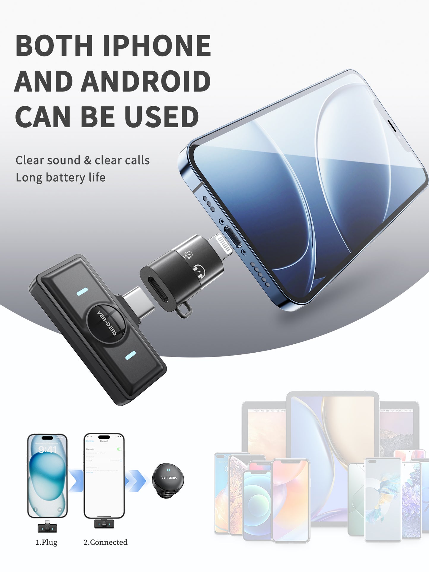 VD-MIC025 Yüksek Kaliteli Type-C ve IP Portlu HD Çift Mikrofonlu Profesyonel Kablosuz Manyetik Mikrofon, Canlı Performanslar İçin