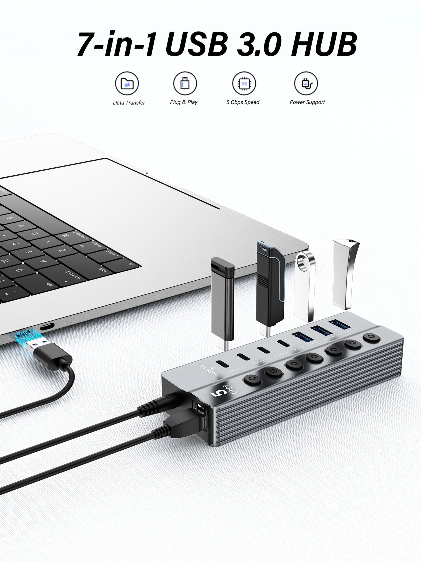 Vendens 7 Portlu USB Hub 3x USB-A + 4x USB-C Çıkışlı, 5Gbps Hızlı Veri Aktarımı, Alüminyum Alaşım