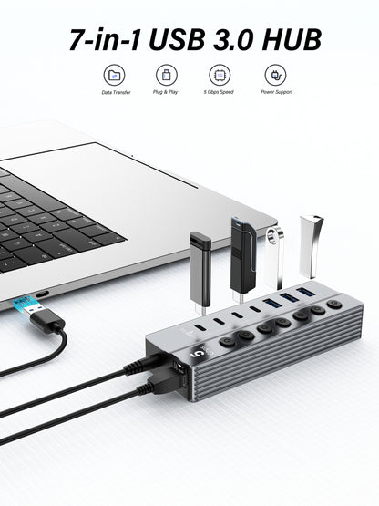 Vendens 7 Portlu USB Hub 3x USB-A + 4x USB-C Çıkışlı, 5Gbps Hızlı Veri Aktarımı, Alüminyum Alaşım