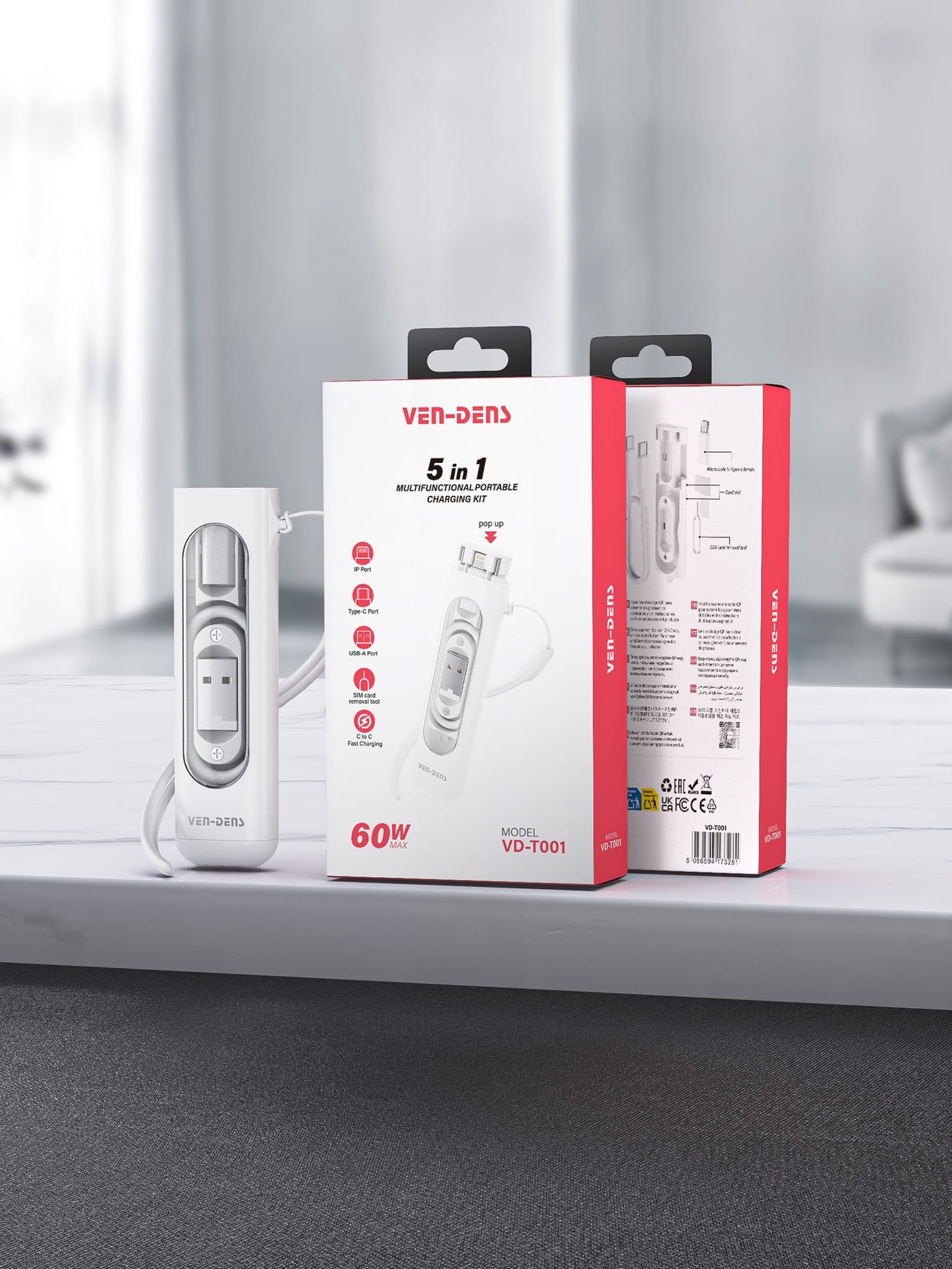 VD-T001 Toptan Fiyat Özel Teklif Evrensel 5'i 1 Arada Çok Fonksiyonlu Taşınabilir Şarj Kiti, 60W Kablo Adaptörü, SIM Kart Çıkarma Aleti ve Kart Yuvası İçerir