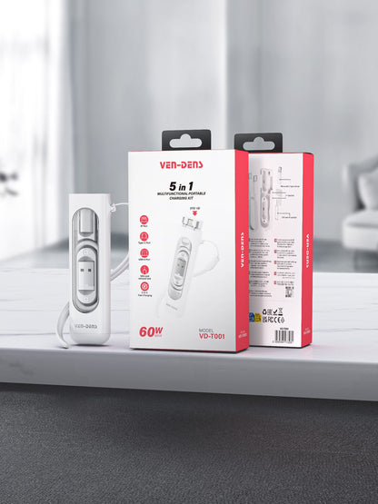 VD-T001 Toptan Fiyat Özel Teklif Evrensel 5'i 1 Arada Çok Fonksiyonlu Taşınabilir Şarj Kiti, 60W Kablo Adaptörü, SIM Kart Çıkarma Aleti ve Kart Yuvası İçerir