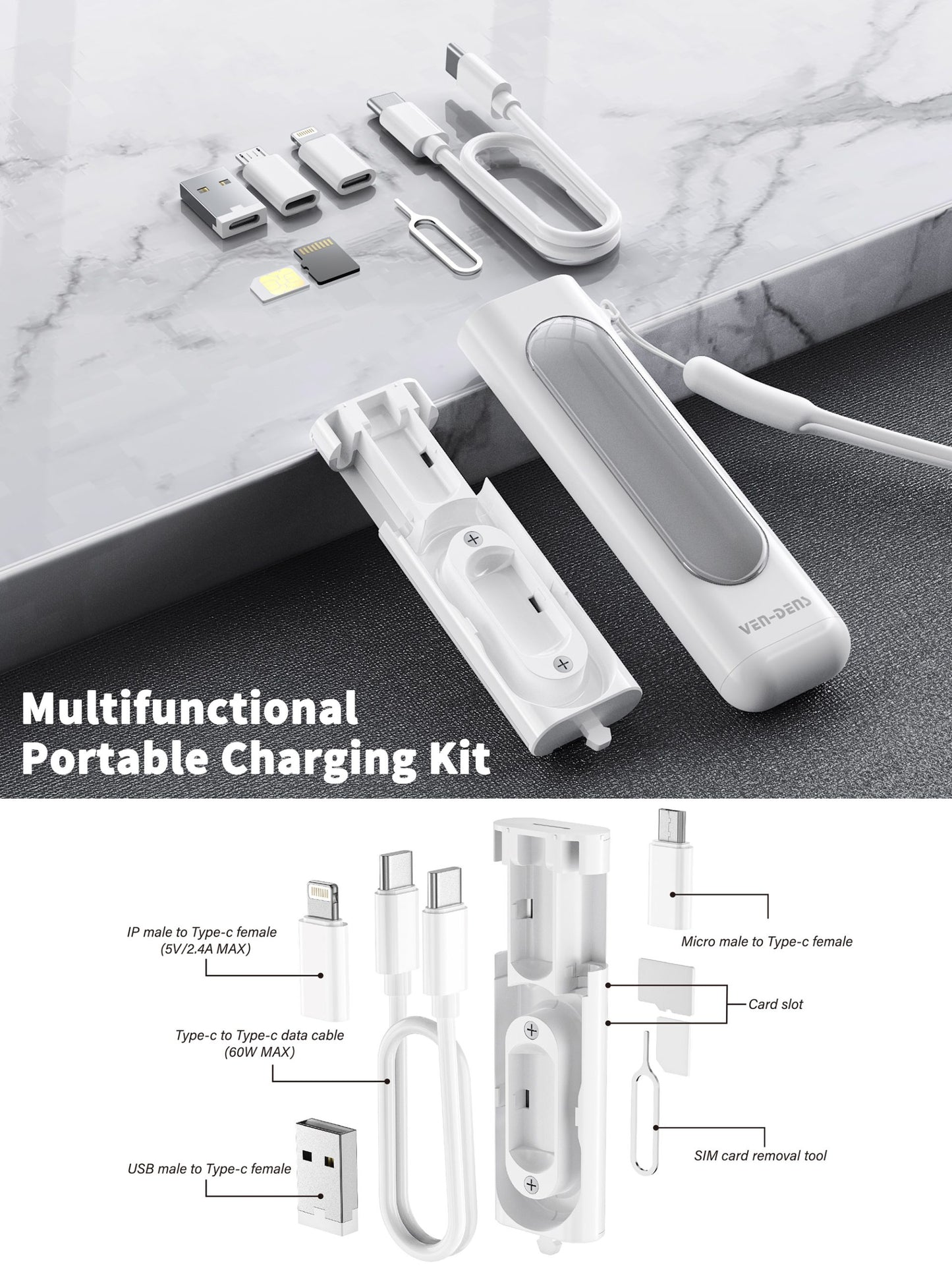 VD-T001 Toptan Fiyat Özel Teklif Evrensel 5'i 1 Arada Çok Fonksiyonlu Taşınabilir Şarj Kiti, 60W Kablo Adaptörü, SIM Kart Çıkarma Aleti ve Kart Yuvası İçerir