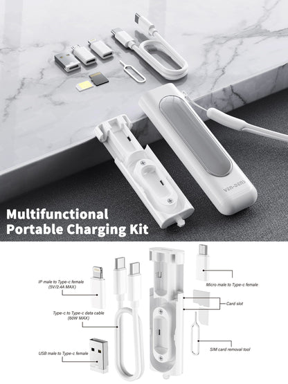 VD-T001 Toptan Fiyat Özel Teklif Evrensel 5'i 1 Arada Çok Fonksiyonlu Taşınabilir Şarj Kiti, 60W Kablo Adaptörü, SIM Kart Çıkarma Aleti ve Kart Yuvası İçerir