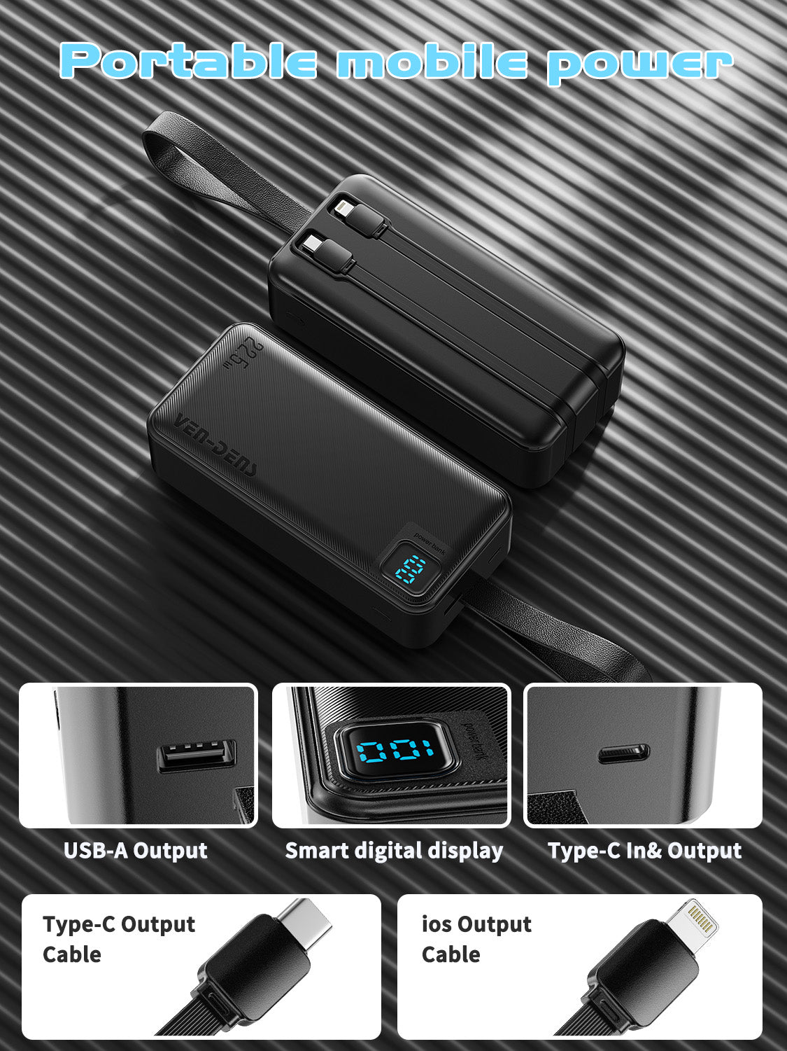 Ven-Dens VD-PB063 50000mAh Dahili Kablolu Yüksek Kapasiteli Powerbank