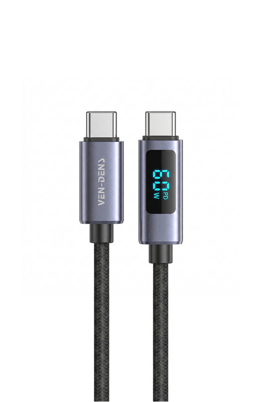 Vendens VD-DCN05 USB-C'den USB-C'ye 60W Dijital Ekranlı Örgülü Type C Hızlı Şarj Kablosu 1.2m