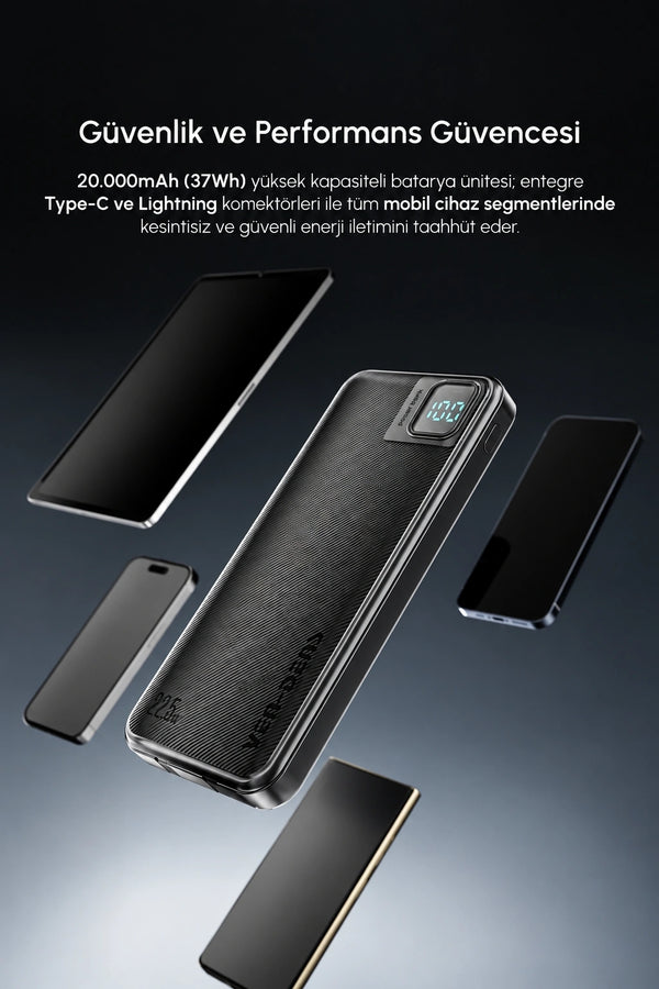 Vendens VD-PB061 20000mAh Dahili Kablolu Powerbank | 22.5W Hızlı Şarj & Dijital Ekran