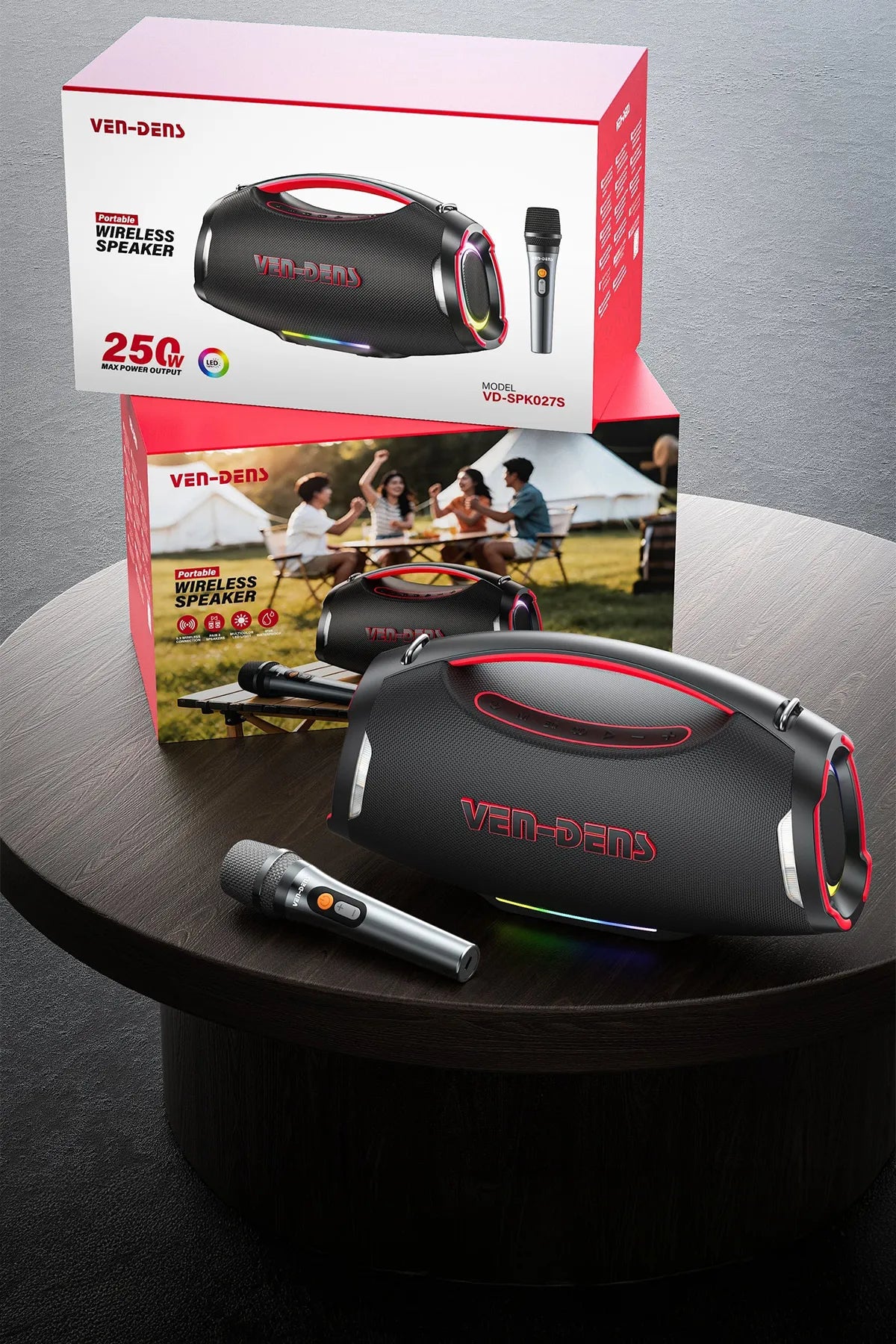 Vendens VD-SPK027S Taşınabilir Bluetooth Hoparlör, 12000mAh Pil, Kablosuz Mikrofonlu, 20 Saat Kullanım, Bluetooth 5.3, Parti ve Karaoke Ses Sistemi