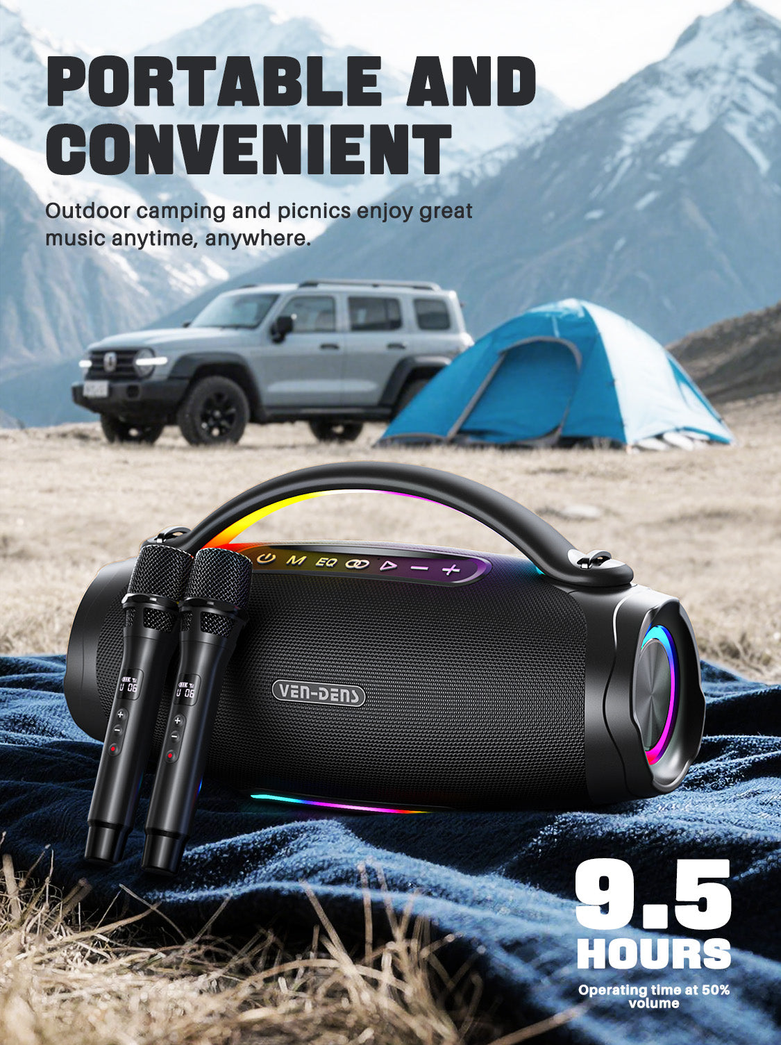 Vendens Taşınabilir Bluetooth Hoparlör 24000mAh Pil, LED Işık, 240W, 20 Saat Çalışma Süresi - Siyah
