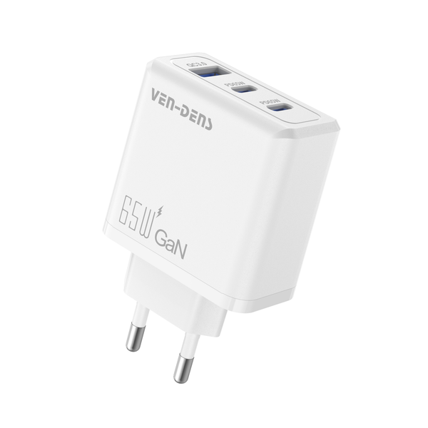 Vendens 3'lü Fonksiyonlu PD65W Hızlı Şarj Cihazı - 2 Type-C ve USB Portlu, Avrupa Fişi (Beyaz)