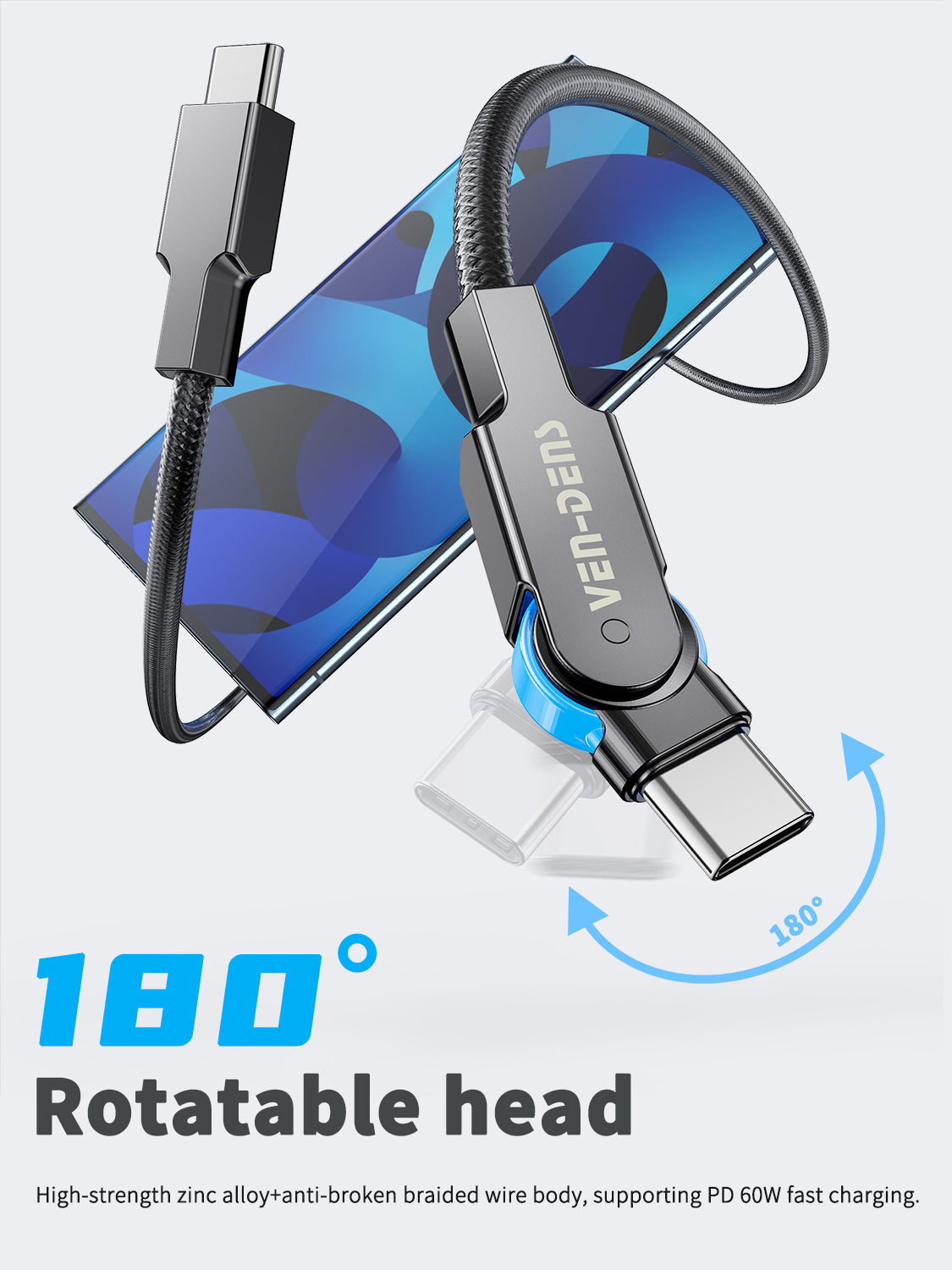 VD-DC03CC Toptan Fiyat Evrensel 1M siyah USB C - USB C 60W çinko alaşımlı örgülü hızlı şarj veri kablosu