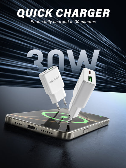 Vendens 30W USB-A ve USB-C Çift Çıkışlı Type C Hızlı Şarj Aleti Adaptörü