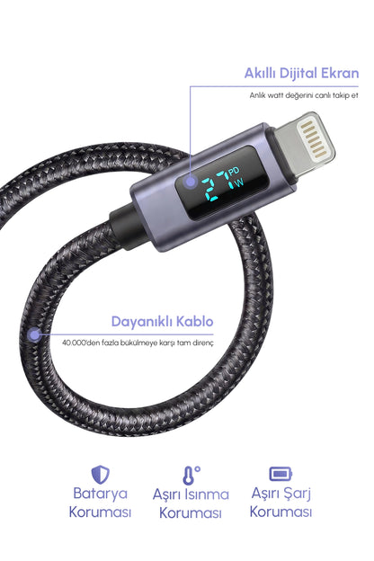 Vendens VD-DCN04 Dijital Göstergeli 27W Type-C to Lightning Hızlı Şarj Kablosu, 1 Metre