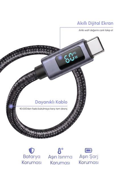 Vendens VD-DCN05 USB-C'den USB-C'ye 60W Dijital Ekranlı Örgülü Type C Hızlı Şarj Kablosu 1.2m