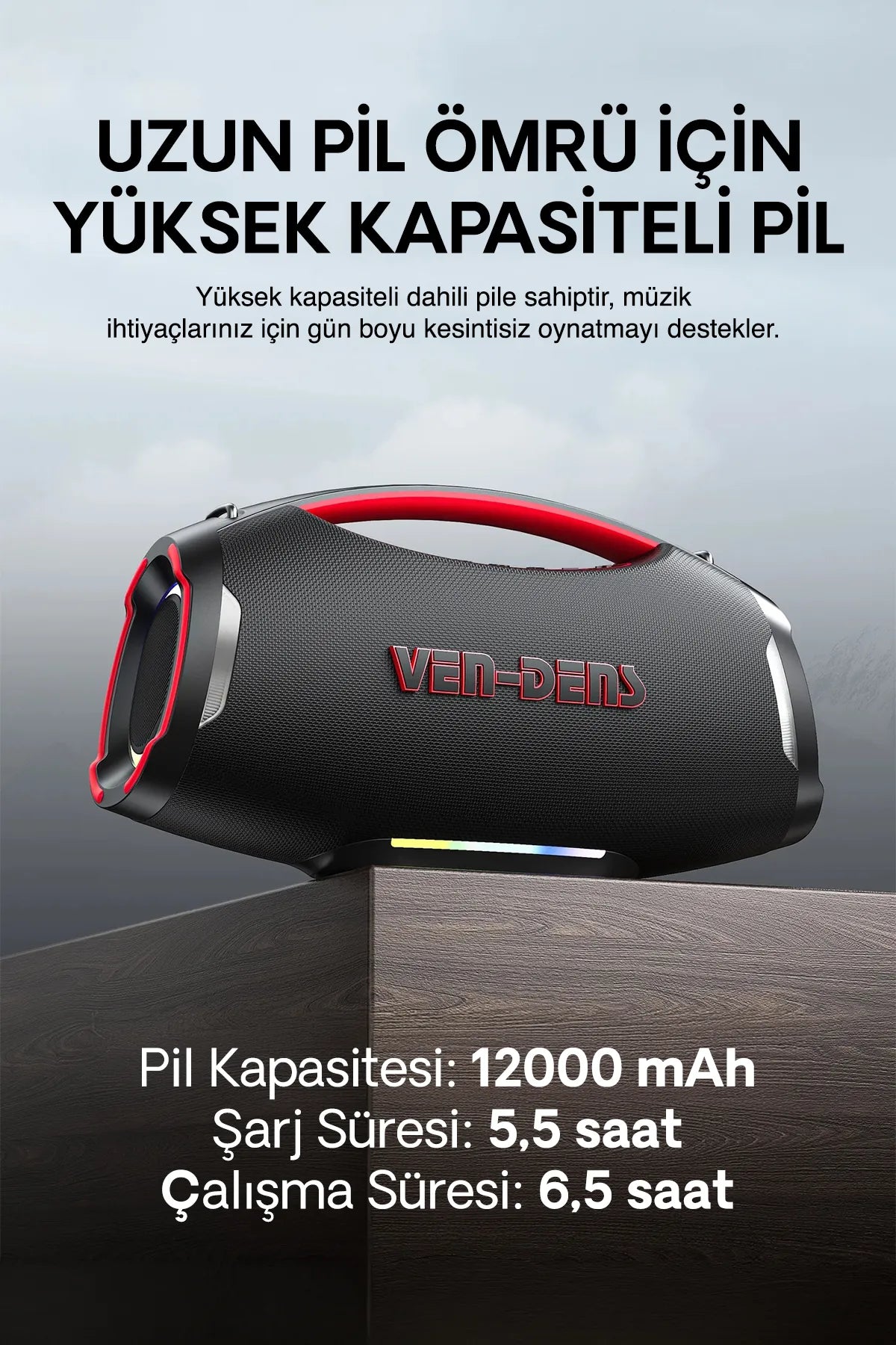 Vendens VD-SPK027S Taşınabilir Bluetooth Hoparlör, 12000mAh Pil, Kablosuz Mikrofonlu, 20 Saat Kullanım, Bluetooth 5.3, Parti ve Karaoke Ses Sistemi