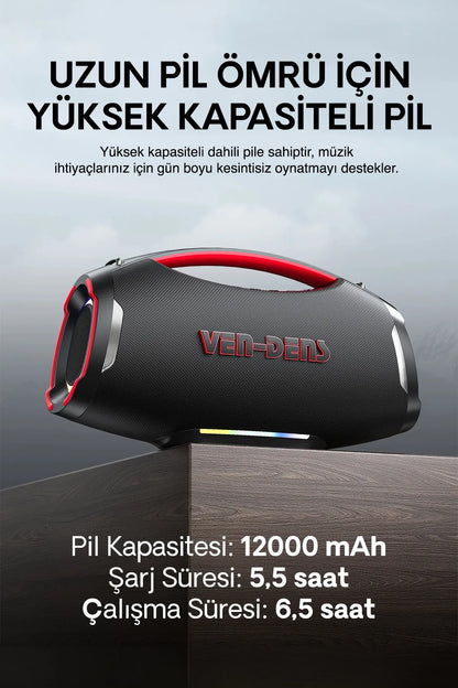 Vendens VD-SPK027S Taşınabilir Bluetooth Hoparlör, 12000mAh Pil, Kablosuz Mikrofonlu, 20 Saat Kullanım, Bluetooth 5.3, Parti ve Karaoke Ses Sistemi