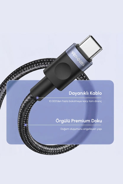 Vendens VD-DCM03 USB-A'dan USB-C'ye Örgülü 18W Type C Şarj Kablosu 1m, 2m, 3m