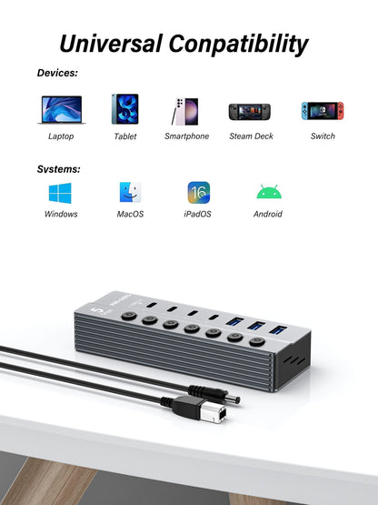 Vendens 7 Portlu USB Hub 3x USB-A + 4x USB-C Çıkışlı, 5Gbps Hızlı Veri Aktarımı, Alüminyum Alaşım
