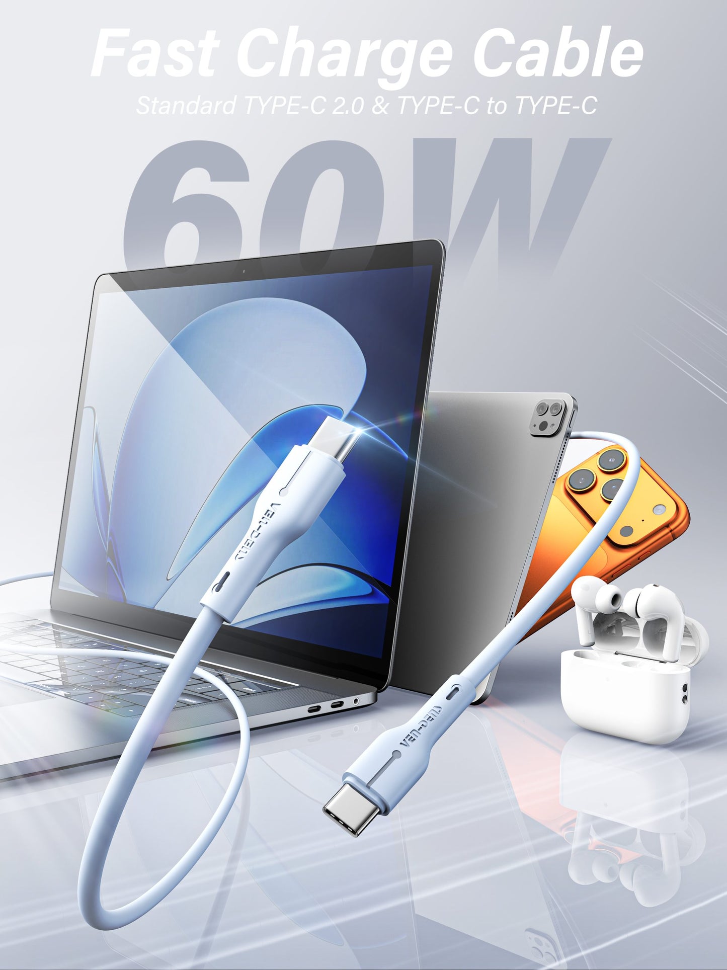 Ven-Dens VD-DC23C Type-C to Lightning 30W PD Hızlı Şarj ve Data Kablosu - 1 Metre, Mor